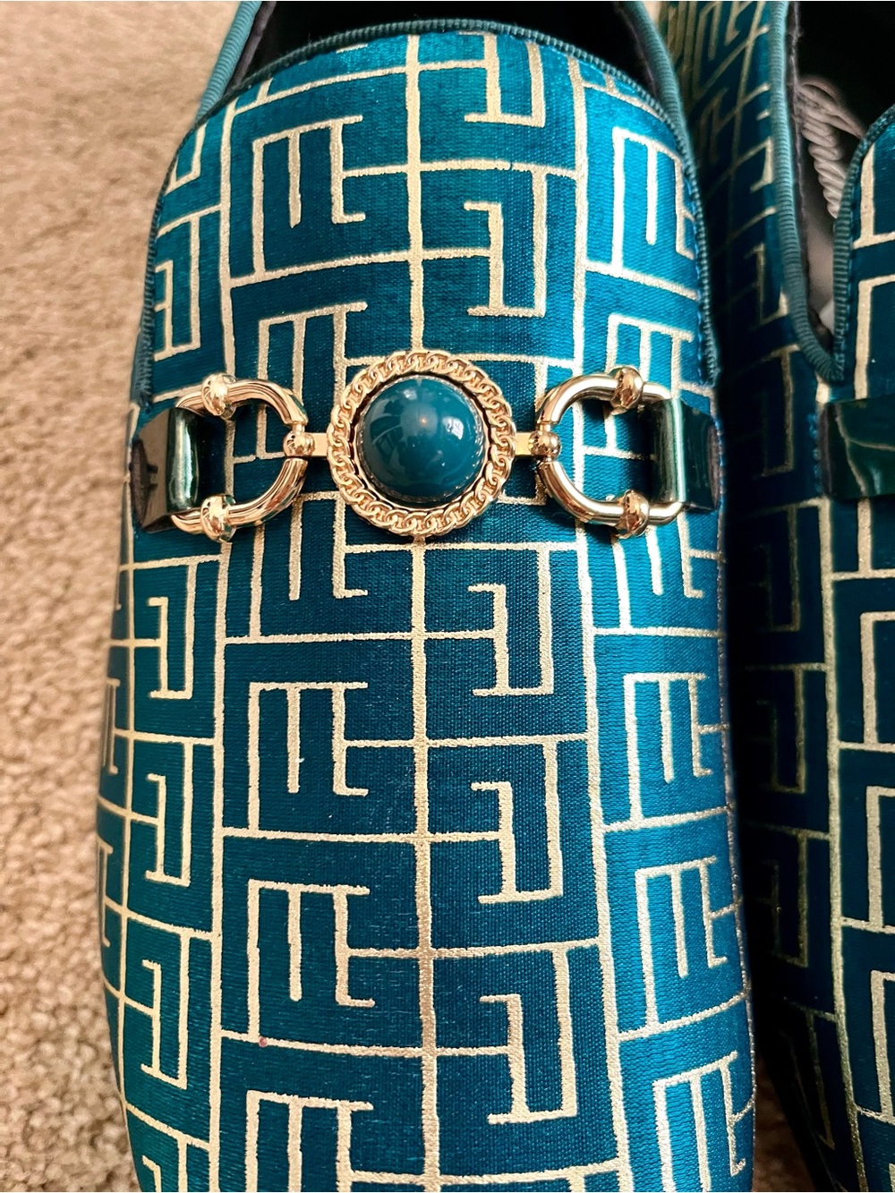 Teal Patterned Loafers with Gold Chain Accent - Picture 2 of 7
